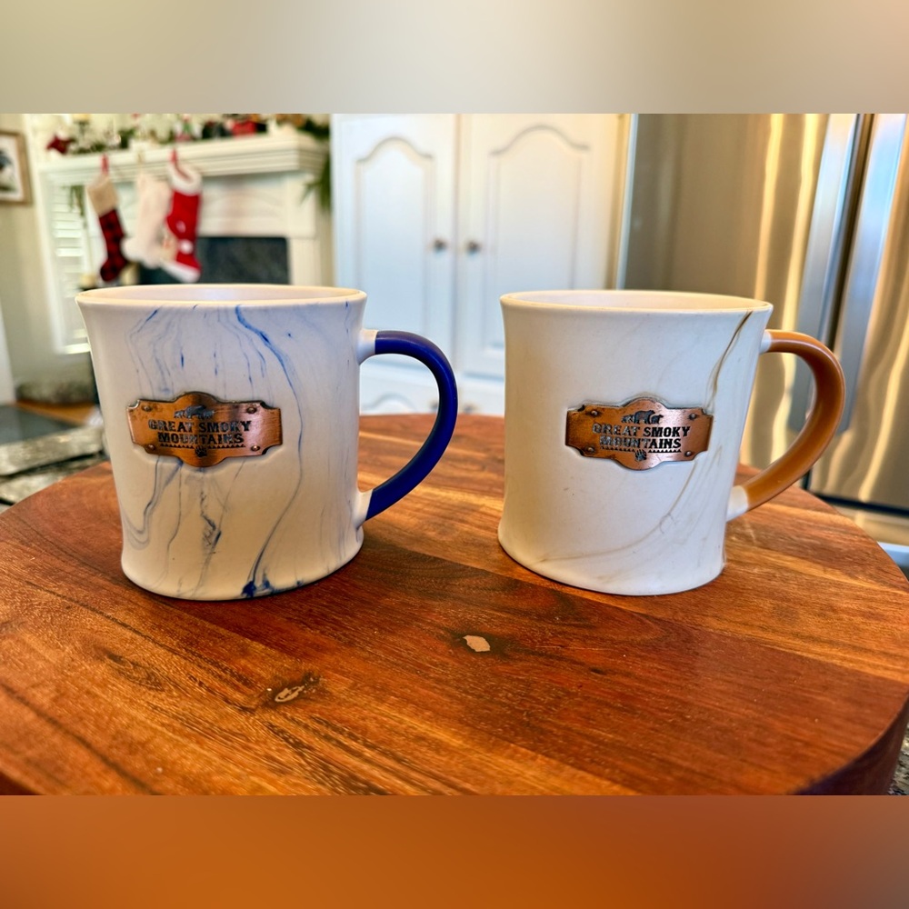 Set Of 2 Smokey Mountain Coffee Mugs marble stone blue and brown W/ Copper Front